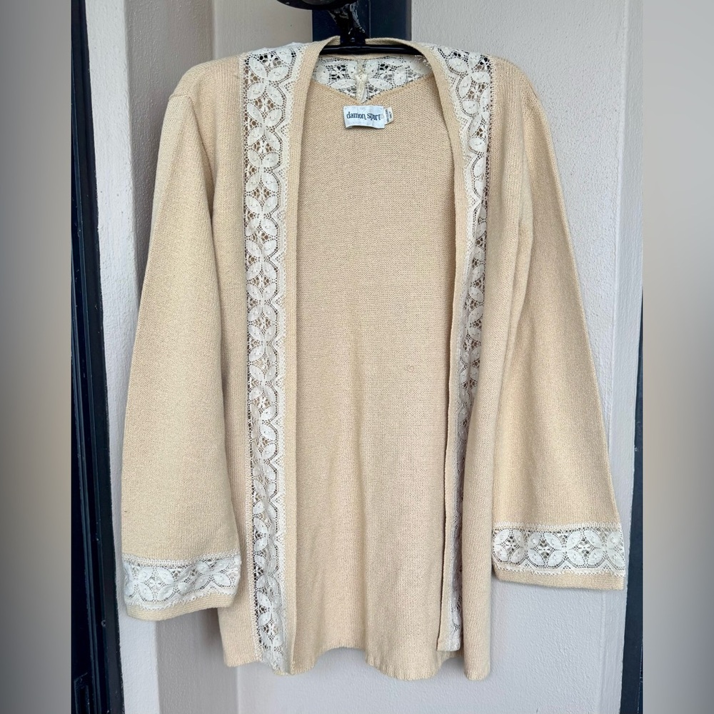 Vintage Damon Sport Cardigan Beige Long Sleeve Tight Knit Lace Detail Medium*